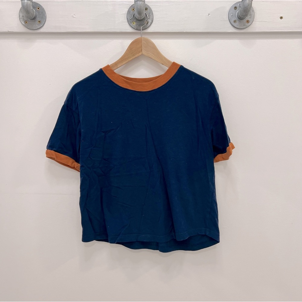 Madewell Navy Blue Short Sleeve Ringer Tee with Rust Trim